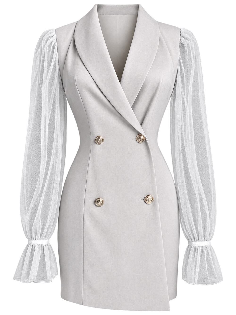 Chic Double-Breasted White Blazer Dress with Sheer Puff Sleeves